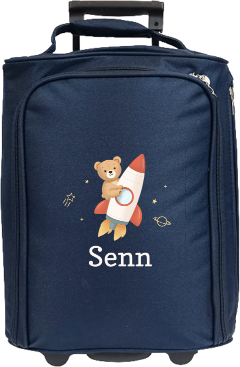 Reistrolley met beertje op raket en naam