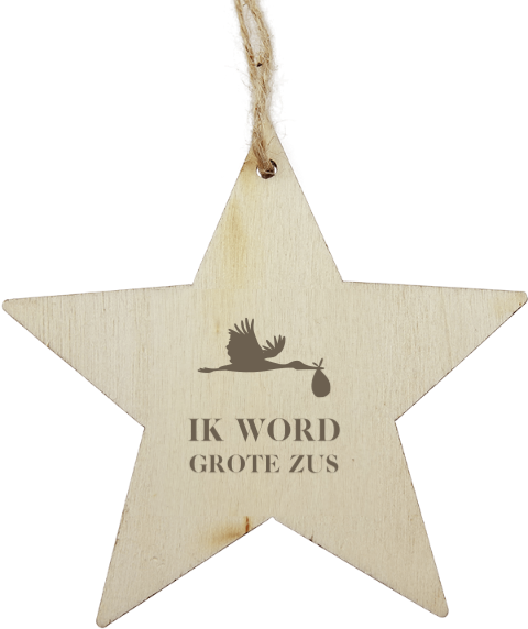 Houten ster hanger met ooievaar en naam