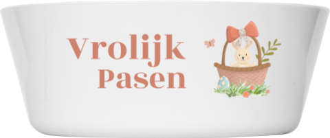 Vrolijk pasen kinderkommetje met konijn in mandje