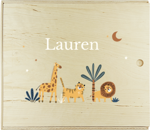 Houten speelgoedkist met naam en jungledieren