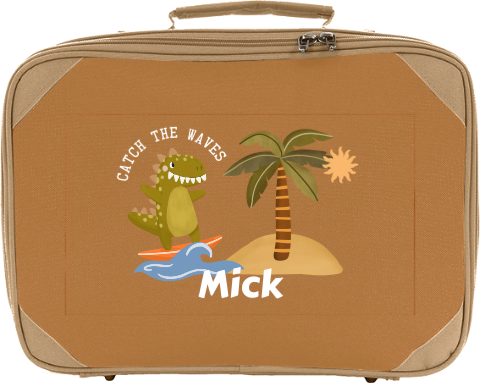 Avontuurlijk koffertje met naam en dino op surfplank