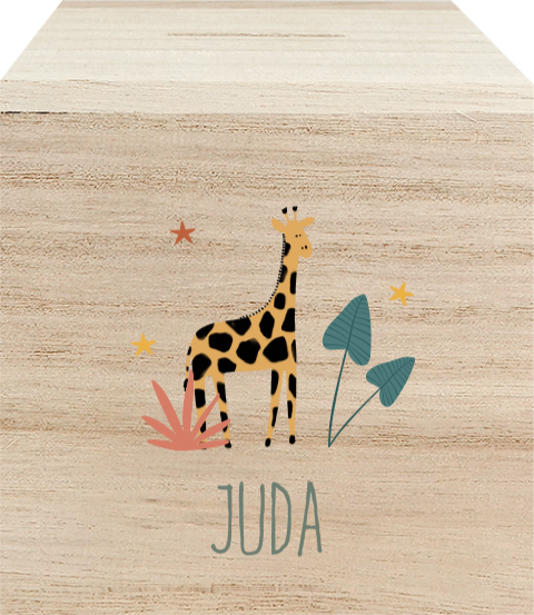 Houten spaarpot met giraffe, bladeren en naam