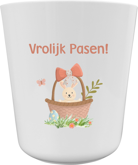 Vrolijke kinderbeker met konijn in mandje