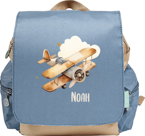 Rugtas Adventure met vliegtuig, wolkje, sterren en naam