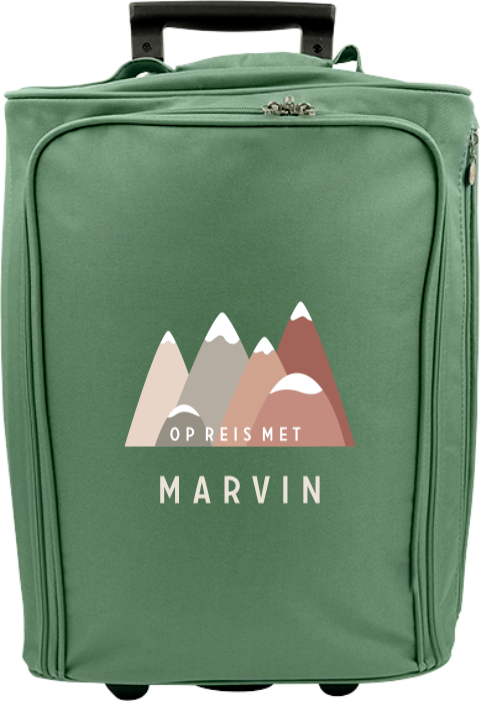 Reistrolley met naam en berglandschap