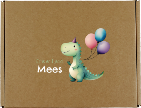 Vrolijke cadeaudoos van kraft met dino, ballonnen en naam