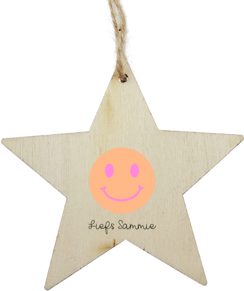 Houten kerstbal hanger met vrolijke smiley