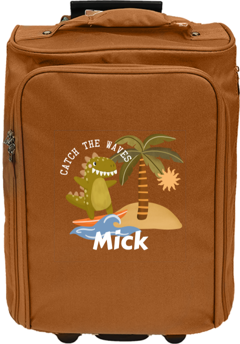 Avontuurlijke reistrolley met naam en dino op surfplank