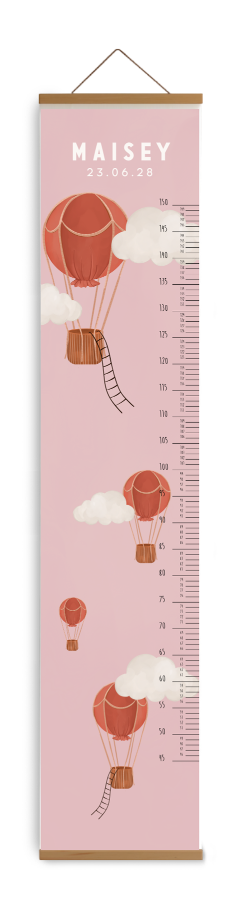 Roze groeimeter met luchtballonnen en wolkjes