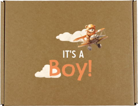 Unieke cadeaudoos van kraft met beer in vliegtuig, wolken en tekst