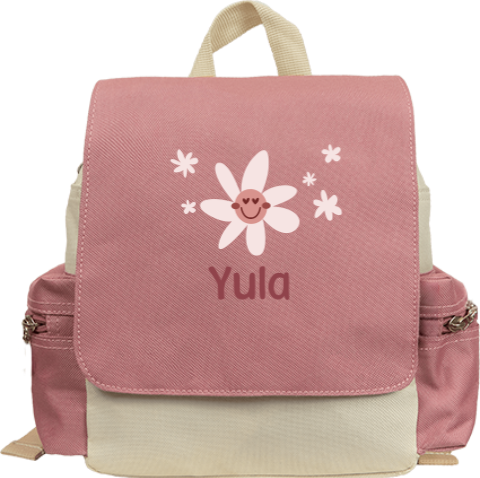 Rugtas Adventure met naam en bloemen met gezichtje