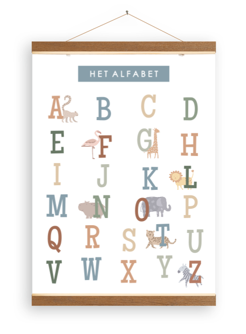Canvasposter dierenalfabet met houtenlatjes