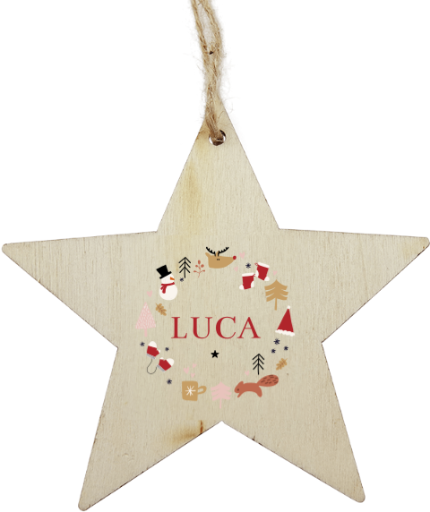 Houten ster hanger met vrolijke kerst illustraties en naam