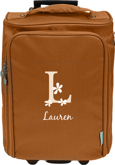 Vrolijke reistrolley met initiaal, naam en bloemetjes