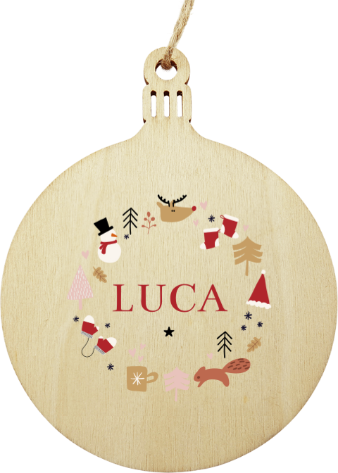 Houten kerstbalhanger met vrolijke kerst illustraties en naam