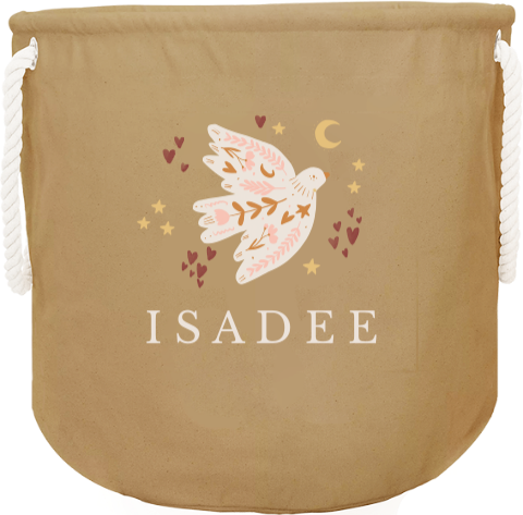 Speelgoedmand met naam en vogel met sterren en hartjes