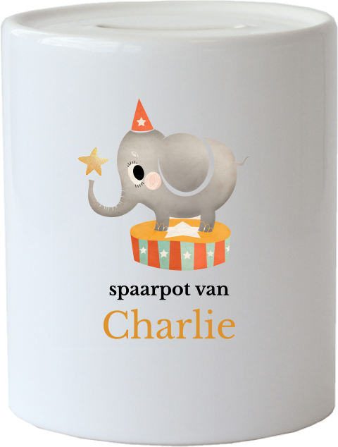 Spaarpot van keramiek met circus thema en naam