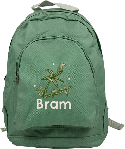 Rugzak Junior met naam en toekan op palmboomm