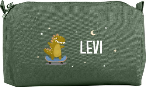 Etui met een dinosaurus op een skateboard