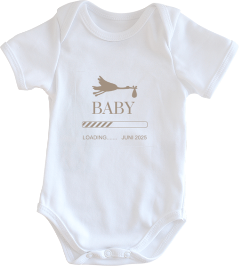 Rompertje met zwangerschapsaankondiging en ooievaar
