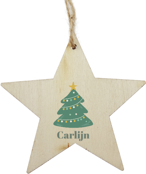 Houten ster hanger met kerstboom en naam
