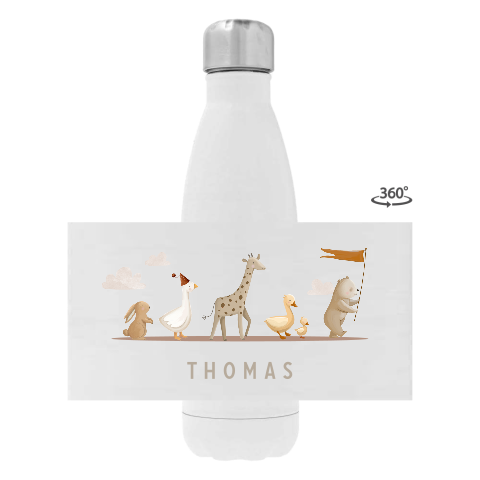 Drinkfles RVS met schattige dierenparade en naam