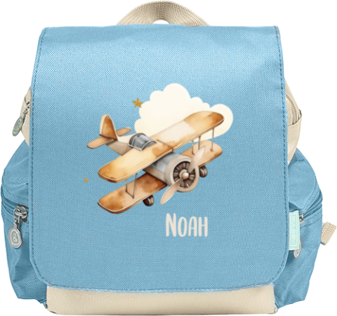 Rugtas Adventure met vliegtuig, wolkje, sterren en naam