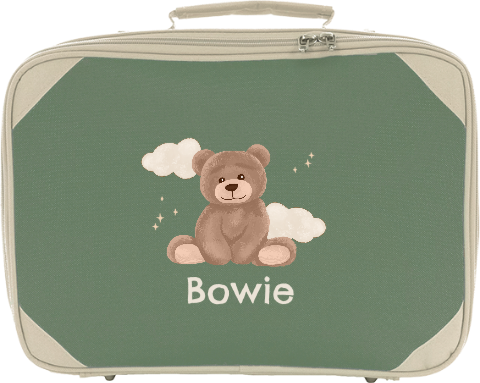 Koffertje met naam, zittend beertje, wolken en sterren