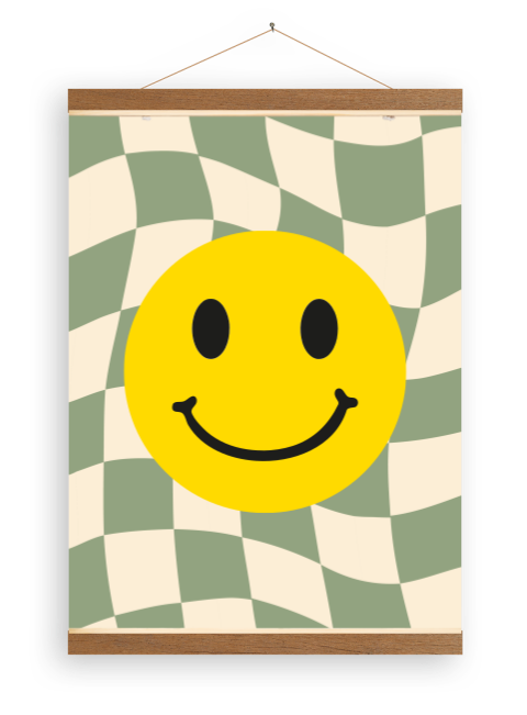 Canvasposter met groen ruitjespatroon en smiley