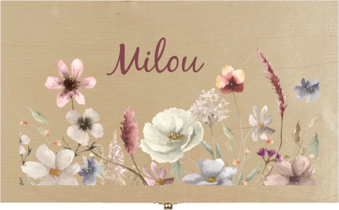 Vrolijke houten tekendoos met watercolour bloemen en naam