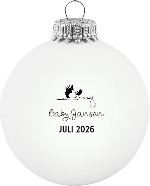 Glazen kerstbal voor aankondiging zwangerschap met ooievaar