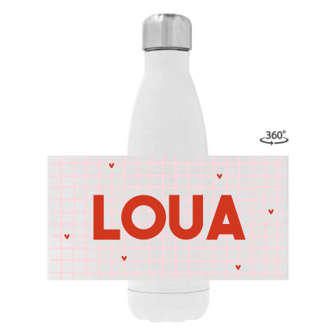 Drinkfles RVS in colorblocking rood/roze met naam en hartjes