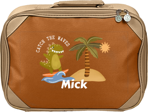 Avontuurlijk koffertje met naam en dino op surfplank