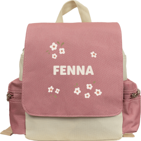 Rugtas Adventure met naam en witte bloemetjes