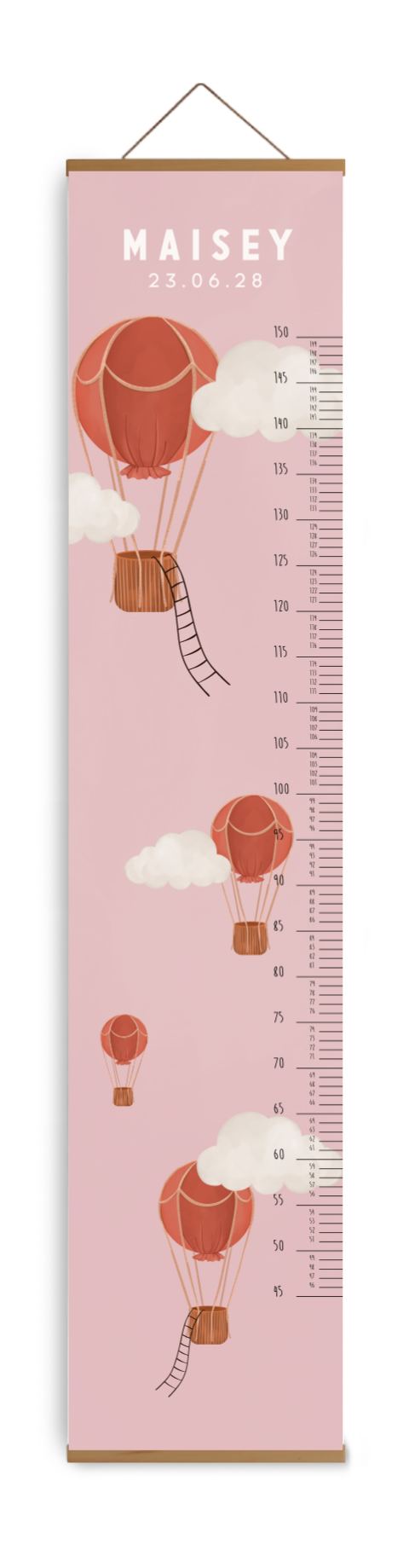 Roze groeimeter met luchtballonnen en wolkjes