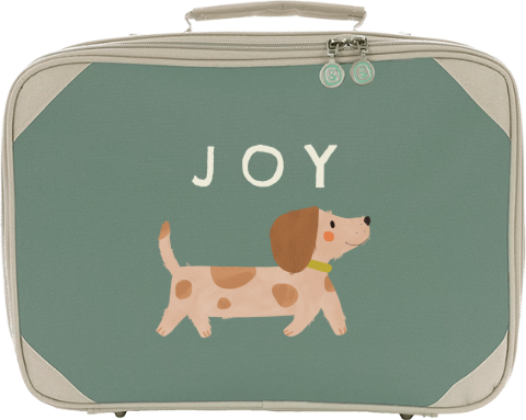 Vrolijke kinderkoffer met naam en teckel
