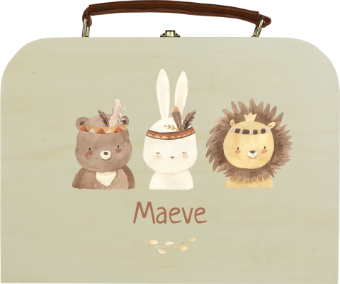 Houten koffertje met bosdieren en naam