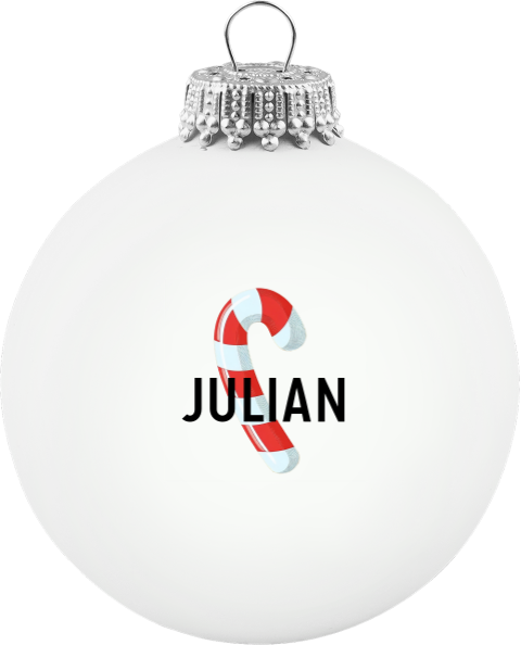 Kerstbal van glas met zuurstok en naam