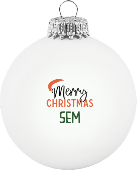 Kerstbal met naam, kerstmuts en tekst 'Merry Christmas"