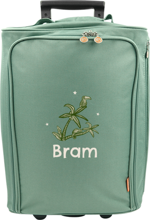 Reistrolley met naam en toekan op palmboom