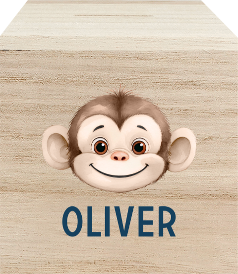Houten spaarpot met schattig aapje en naam