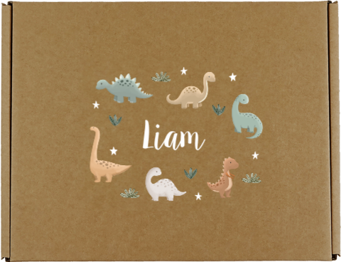 Stoere cadeaudoos van kraft met dino's en naam