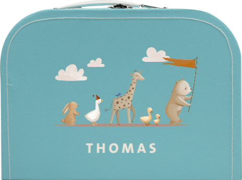 Speelgoedkoffertje met naam en dierenparade