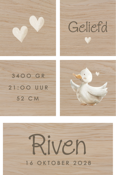 Houten blokken met eendje en geboortegegevens