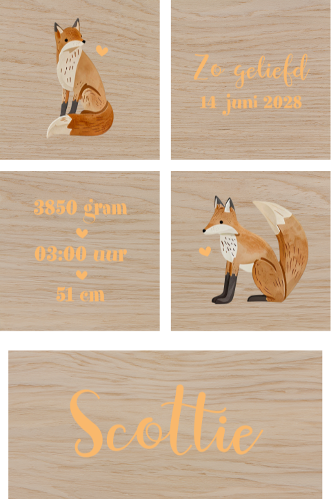 Houten blokken met vosjes en geboortegegevens