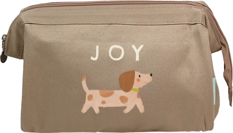 Vrolijke toilettas met naam en teckel