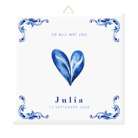 Geboortetegel met Delfts blauw, hart en naam