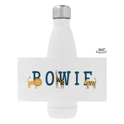 Drinkfles RVS met jungledieren en naam in een stoer lettertype