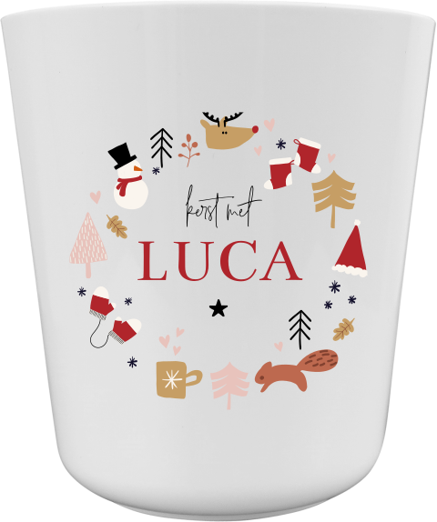 Kerst kinderbeker met vrolijke illustraties en naam