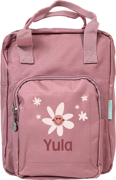 Rugtas Classic met naam en bloemen met gezichtje